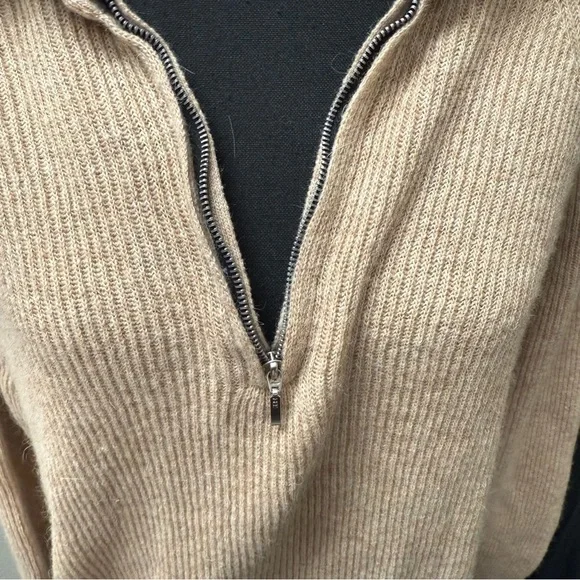 Beige Ribbed Half Zip Collared Sweater XXL | Cozy Fall Winter Knit Pullover - Picture 3 of 10